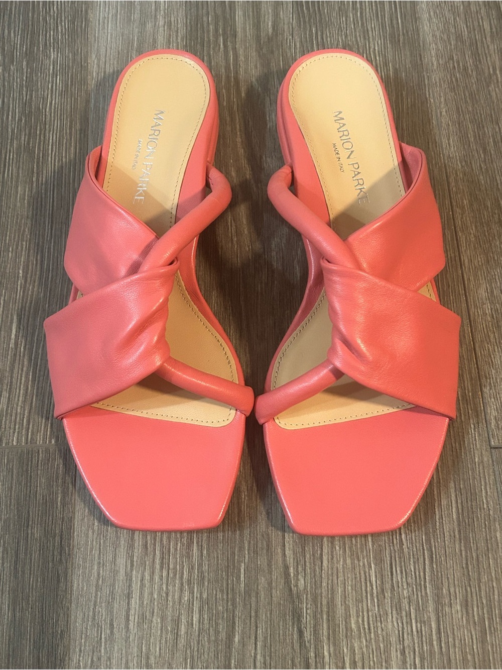 Marion Parke Coral Pink Knotted Leather Mules